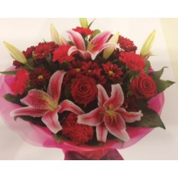 Aqua Packed Red Roses and Lilies with Mixed Flowers